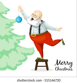 Santa Claus decorates a Christmas tree toy