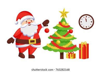 Santa Claus decorates New Year tree by hanging color ball. Christmas Father and winter holiday symbol, clock on wall and presents in gift boxes vector