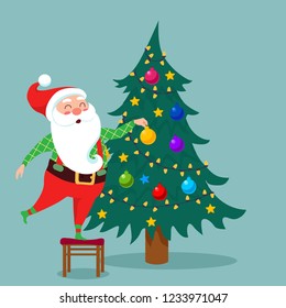 Santa Claus decorating the Christmas tree vector illustration