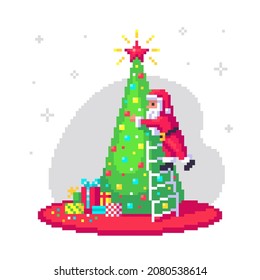 Santa Claus is decorating the Christmas tree. Cute greeting card for the holidays in pixel art. Vector illustration.