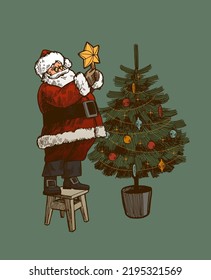 Santa claus decorating Christmas tree vintage winter holidays character vector illustration isolated