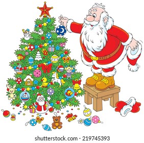 Santa Claus decorating a Christmas tree