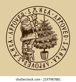 Santa Claus decorating Christmas tree. Santa approves stamp. Vintage Christmas silkscreen print.