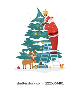 Santa claus decorating Christmas tree flat illustration