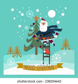 Santa Claus decorating a Christmas tree. Christmas vector illustration. Holiday card