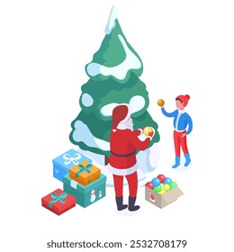 Papai Noel decorando árvore de Natal. Personagem de Natal isométrico com criança pequena decorando abeto, férias de inverno preparação 3d vetor ilustração. Decoração de árvore de Natal