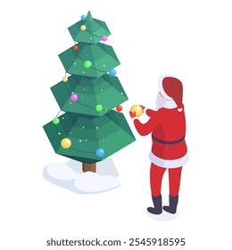 Santa Claus decorating xmas tree. Isometric Christmas character with fir tree decorations, Santa mascot preparing to winter holidays 3d vector illustration. Xmas fir tree decoration