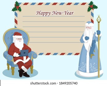 Santa Claus and Ded Moroz  with a greeting card on a blue background. Santa is sitting in a chair with a laptop,
Ded Moroz in a blue fur coat holding a staff