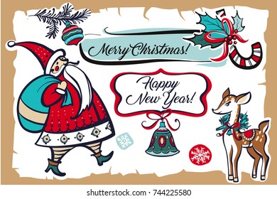 Santa claus and deer, bell and candy cane. Freehand drawn image template poster, banner for happy new year and merry christmas party. Sketch vector illustration.