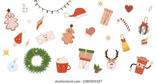 Santa Claus, deer, bell, coffee and others in cartoon style. Cartoon characters and elements.