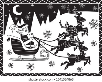 Santa Claus with the deer carriage on Christmas Eve. cordel illustration