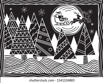 Santa Claus with the deer carriage on Christmas Eve. cordel illustration
