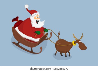 Santa Claus and deer in cartoon style. Sled with New Year's gifts. Isolated image of christmas characters. Vector illustration