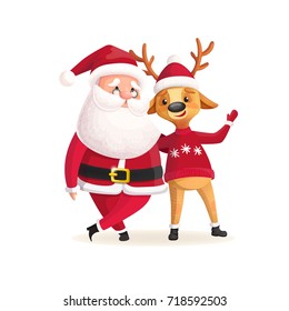 Santa Claus with Deer. Christmas characters in cartoon style. Vector illustration isolated.