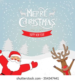 Santa Claus and Deer. Christmas and New Year background with place for text. Vector illustration.