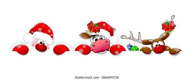 Santa Claus, deer and cow on a white background. Christmas cartoon characters are dressed in a Santa hat and decorated with Christmas decorations.