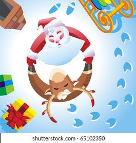 Santa Claus and Deer dance on a roof in Christmas night