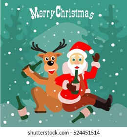 Santa Claus and deer drink and celebrate Christmas