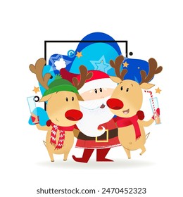 Santa Claus and deer drinking cocktails at party. Fun, joy, friends. Can be used for topics like Christmas, event, New Year