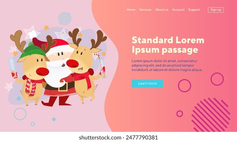 Santa Claus and deer drinking cocktails at party vector illustration. Fun, joy, friends. Christmas, event, New Year concept can be used for banner design or landing page