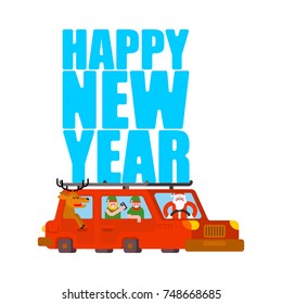 Santa Claus and deer and elf in car. Happy New Year. Christmas vector illustration.
