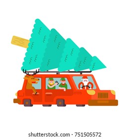 Santa Claus and deer and elf in car. Carry Christmas tree and gifts.  Happy New Year. Xmas vector illustration