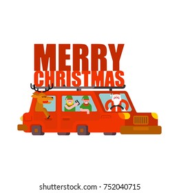 Santa Claus and deer and elf in car. Merry Christmas. Happy New Year. Vector illustration