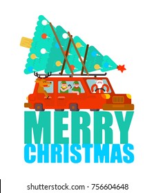 Santa Claus and deer and elf in car. Merry Christmas. Happy New Year. Vector illustration