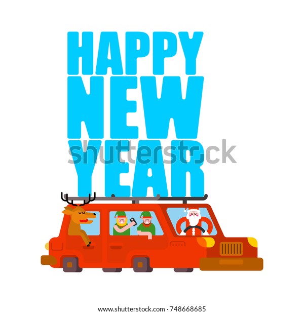 Santa Claus and deer and elf in car.\
Happy New Year. Christmas vector\
illustration.\
