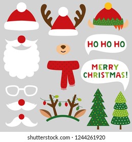 Santa Claus, deer and elf vector Christmas photo booth props (hats, beard, mustaches, antlers)