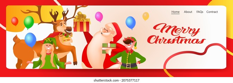 santa claus with deer and elves holding gift box new year christmas holidays celebration concept lettering greeting card