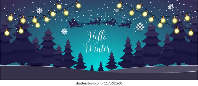 
Santa Claus with deer flying over a forest. winter illustration