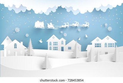 santa claus with deer flying over a small town on a snowy hill. winter design of paper and craft art