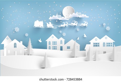 santa claus with deer flying over a small town on a snowy hill. winter design of paper and craft art