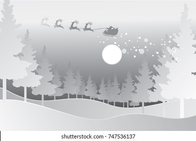 Santa claus with a deer flying over a pine tree on a snowy hill, Paper and craft art