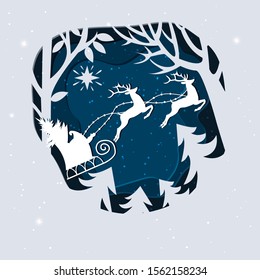 Santa Claus with Deer in a forest and snow. Paper art illustrations. Winter paper art design. Vector illustration. Christmas and happy new year.