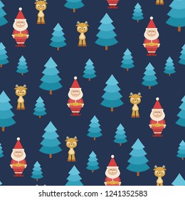 Santa Claus and deer in the forest. Vector seamless pattern
