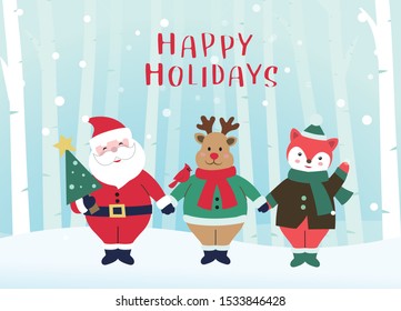 Santa Claus with deer and fox in birch grove.Vector illustration.Christmas card.