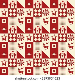 Santa claus and deer, geometric shapes and abstract decoration. Wrapping paper for presents for xmas and new year holidays. Seamless pattern, background print or wallpaper. Vector in flat style