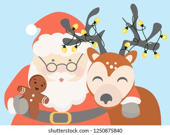 Santa Claus and deer   gingerbread man cookie cartoon cute vector illustration  Funny cheerful Christmas background 