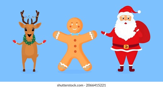 Santa Claus, deer and gingerbread man vector illustration