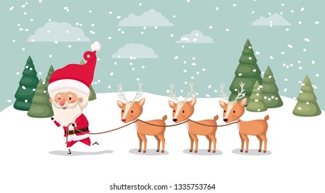 santa claus with deer group in snowscape