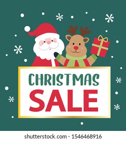 Santa Claus and the deer hold a special price. Christmas vector illustration design. Christmas discount poster. Christmas web advertising.
