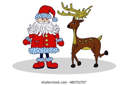 Santa Claus and deer isolated on white background