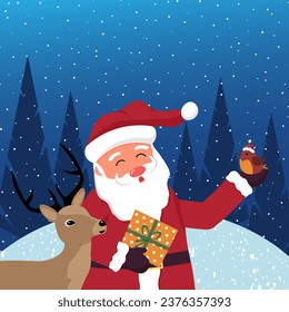 Santa Claus, deer and little bird in the winter forest. Christmas card template. Vector flat illustration. For packaging, cards, greetings and invitations, web pages and social networks.