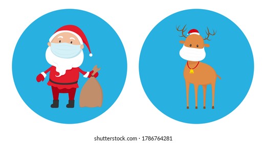 Santa Claus and deer in medical masks. Vector icons.
