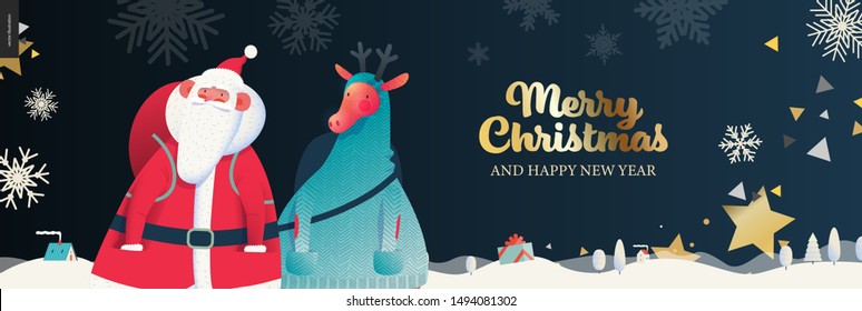 Santa Claus and deer - Merry Christmas billboard- modern flat vector concept illustration of cheerful Santa Claus and deer standing on the snow-covered landscape, stars and snow golden elements