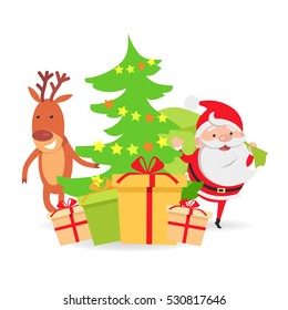 Santa Claus and deer near decorated Christmas tree. Different boxes of presents. Santa Claus holding green sack with gifts. Cartoon design. Evergreen tree adorned with stars. Flat style. Vector