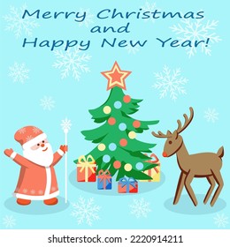 Santa Claus with deer next to Christmas tree wishes Merry Christmas on blue light background with snowflakes.