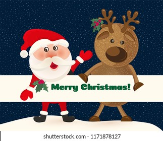 Santa claus and deer on background of night sky with stars. Christmas holiday. Winter cartoon cute card or banner with text Merry Christmas,  Vector illustration